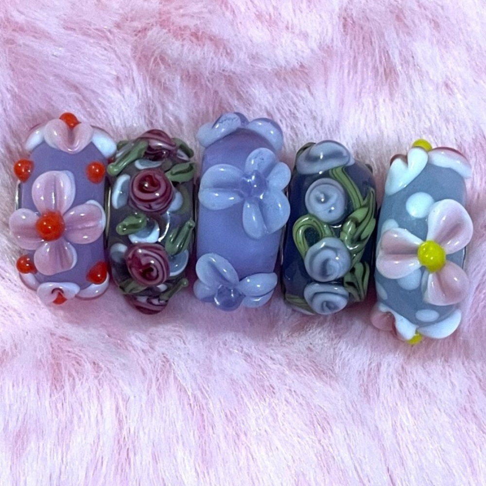 5 3D Charm Purple Flower Glass Murano Sterling Silver Spacer Bead For Pandora